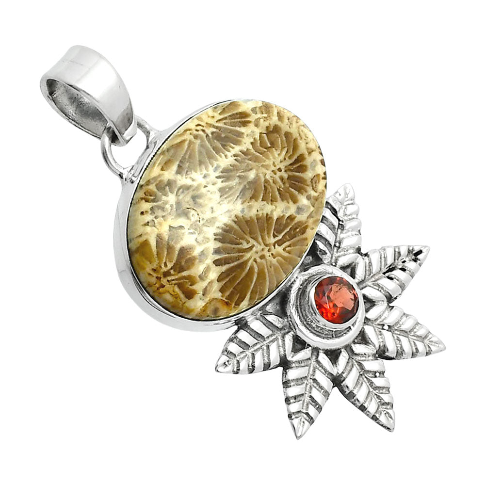 Premium Quality Flower Fossil Coral & Garnet Pendant P-1425 52-EP10495