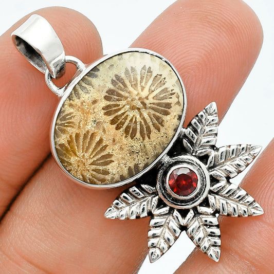 Premium Quality Flower Fossil Coral & Garnet Pendant P-1425 52-EP10496