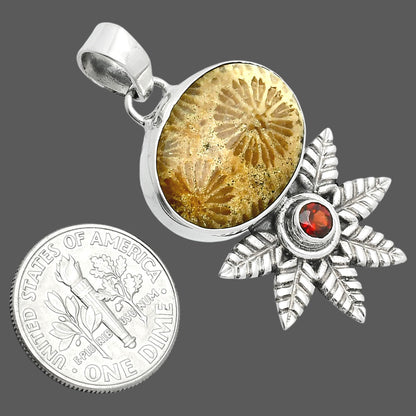Premium Quality Flower Fossil Coral & Garnet Pendant P-1425 52-EP10496