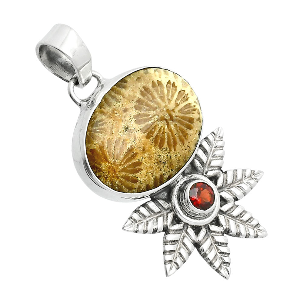 Premium Quality Flower Fossil Coral & Garnet Pendant P-1425 52-EP10496