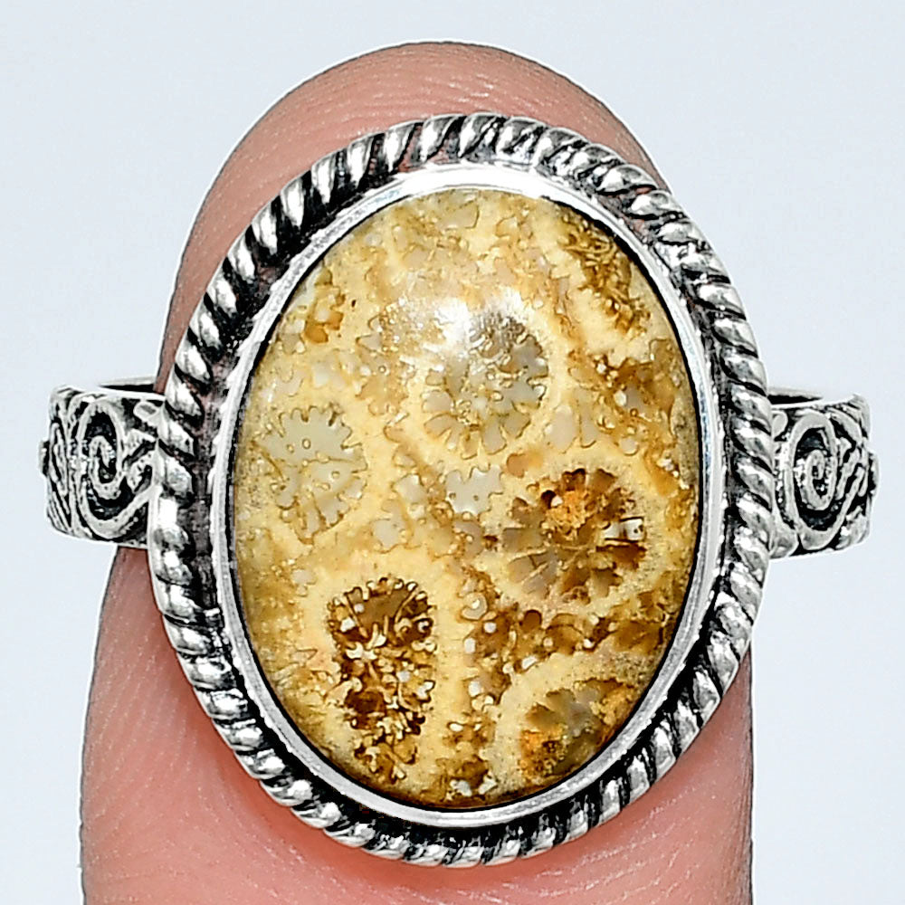 Premium Quality Flower Fossil Coral Ring size-9 R-1067 52-ER14166