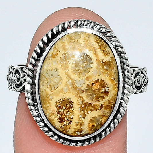 Premium Quality Flower Fossil Coral Ring size-9 R-1067 52-ER14166