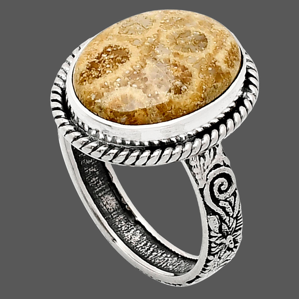 Premium Quality Flower Fossil Coral Ring size-9 R-1067 52-ER14166