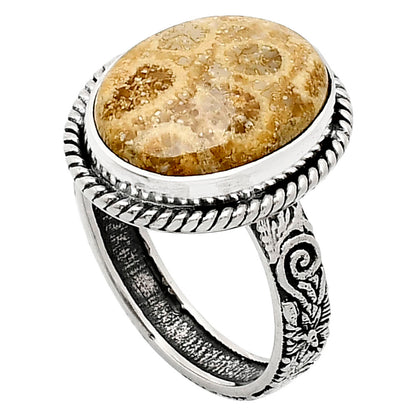Premium Quality Flower Fossil Coral Ring size-9 R-1067 52-ER14166