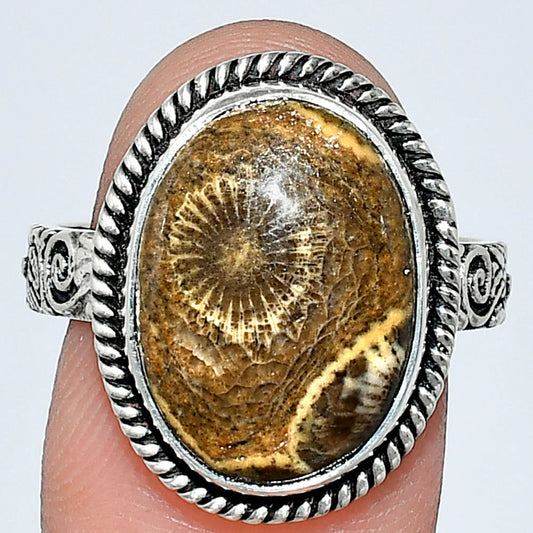 Premium Quality Flower Fossil Coral Ring size-9 R-1067 52-ER14172