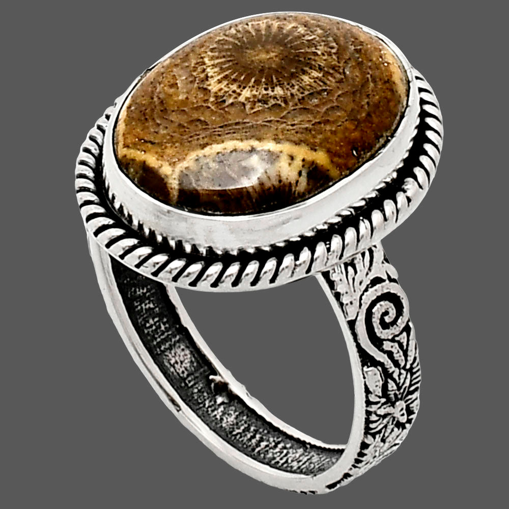 Premium Quality Flower Fossil Coral Ring size-9 R-1067 52-ER14172