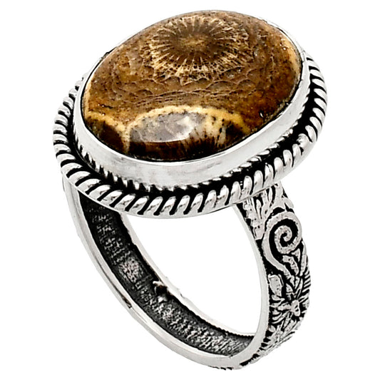 Premium Quality Flower Fossil Coral Ring size-9 R-1067 52-ER14172