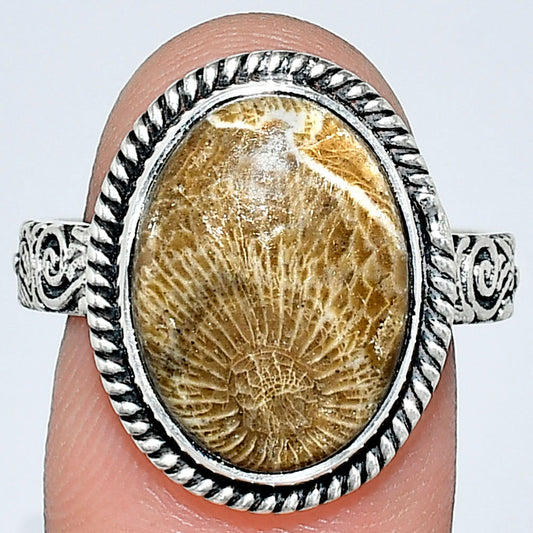 Premium Quality Flower Fossil Coral Ring size-9 R-1067 52-ER14174