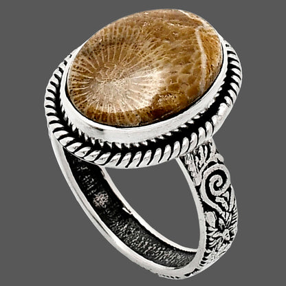 Premium Quality Flower Fossil Coral Ring size-9 R-1067 52-ER14174