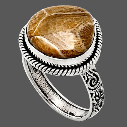 Premium Quality Flower Fossil Coral Ring size-10 R-1067 52-ER14177