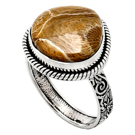 Premium Quality Flower Fossil Coral Ring size-10 R-1067 52-ER14177