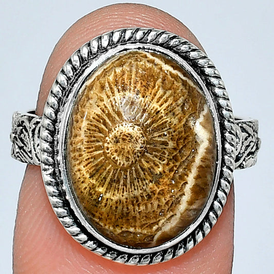 Premium Quality Flower Fossil Coral Ring size-7 R-1067 52-ER14183