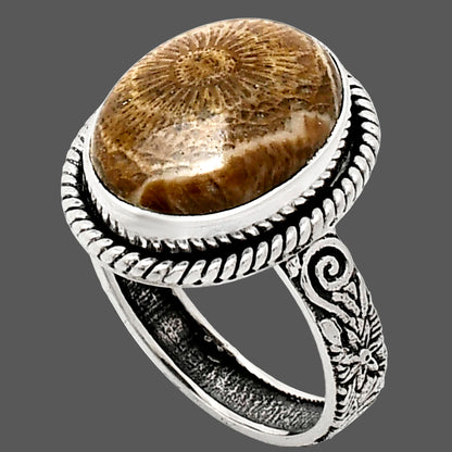Premium Quality Flower Fossil Coral Ring size-7 R-1067 52-ER14183