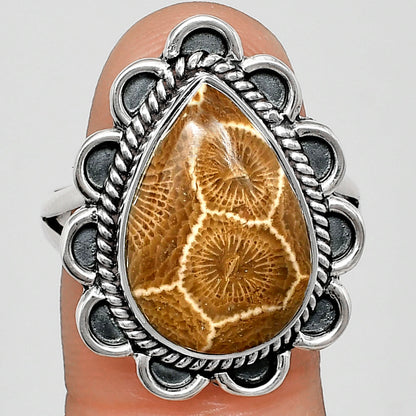 Premium Quality Flower Fossil Coral Ring size-10 R-1221 52-ER14187