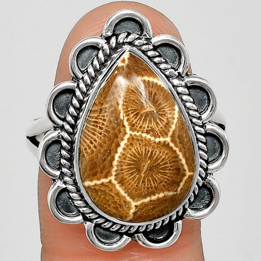 Premium Quality Flower Fossil Coral Ring size-10 R-1221 52-ER14187