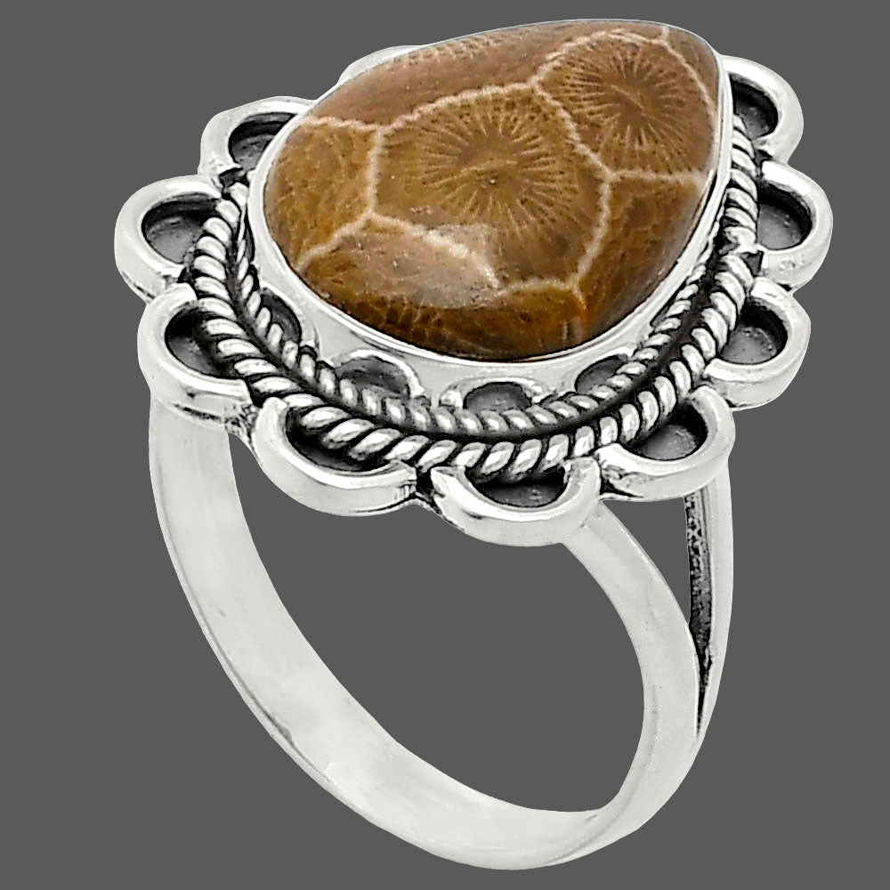 Premium Quality Flower Fossil Coral Ring size-10 R-1221 52-ER14187