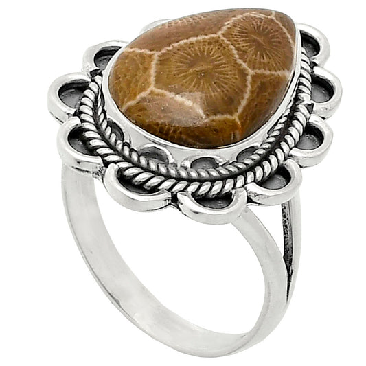Premium Quality Flower Fossil Coral Ring size-10 R-1221 52-ER14187