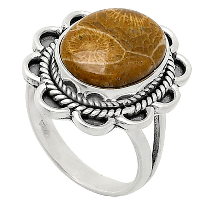 Premium Quality Flower Fossil Coral Ring size-7 R-1221 52-ER14188