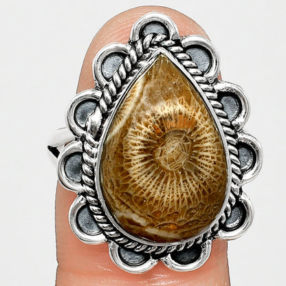Premium Quality Flower Fossil Coral Ring size-9 R-1221 52-ER14189