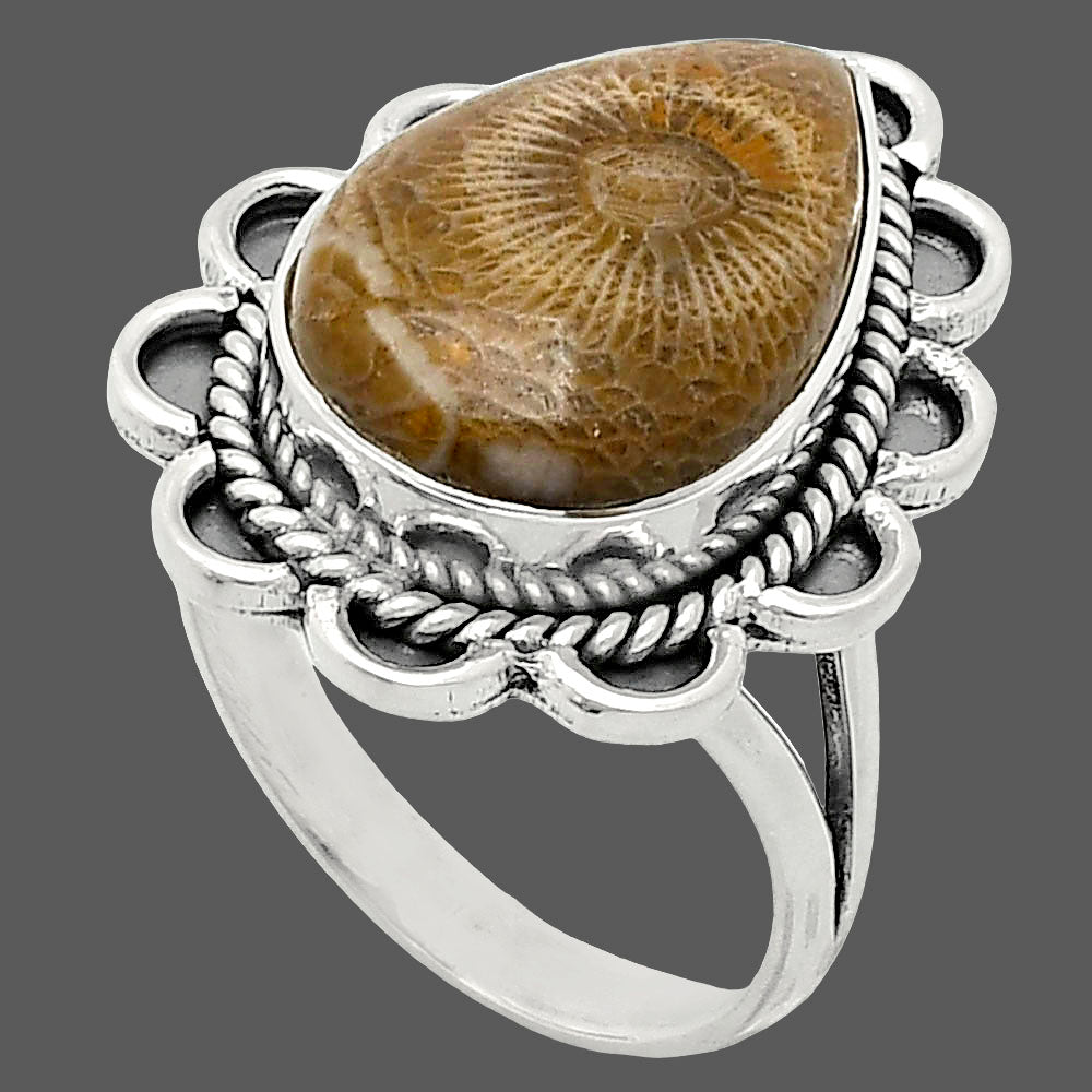 Premium Quality Flower Fossil Coral Ring size-9 R-1221 52-ER14189