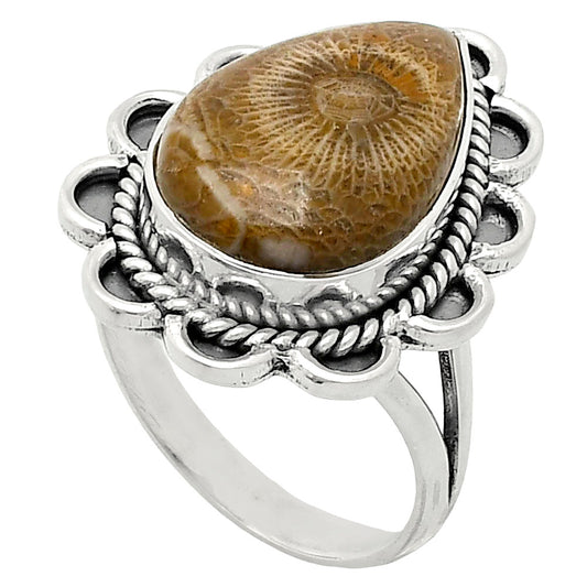 Premium Quality Flower Fossil Coral Ring size-9 R-1221 52-ER14189