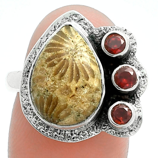 Premium Quality Flower Fossil Coral & Garnet Ring size-9 R-1655 52-ER14191