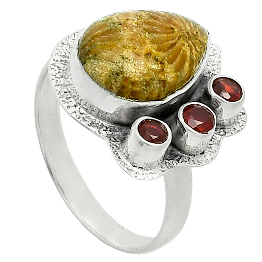 Premium Quality Flower Fossil Coral & Garnet Ring size-9 R-1655 52-ER14191