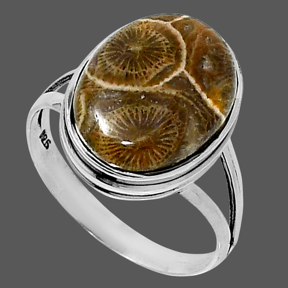 Premium Quality Flower Fossil Coral Ring size-9 R-1008 52-ER14217