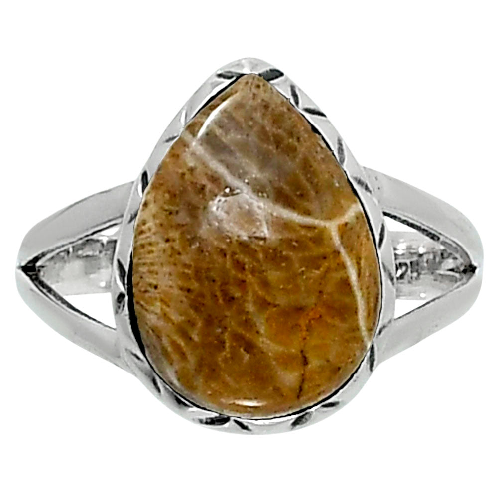 Premium Quality Flower Fossil Coral Ring size-7 R-1074 52-ER14230