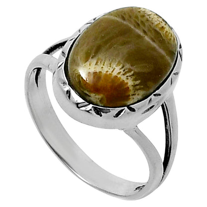 Premium Quality Flower Fossil Coral Ring size-7 R-1074 52-ER14235