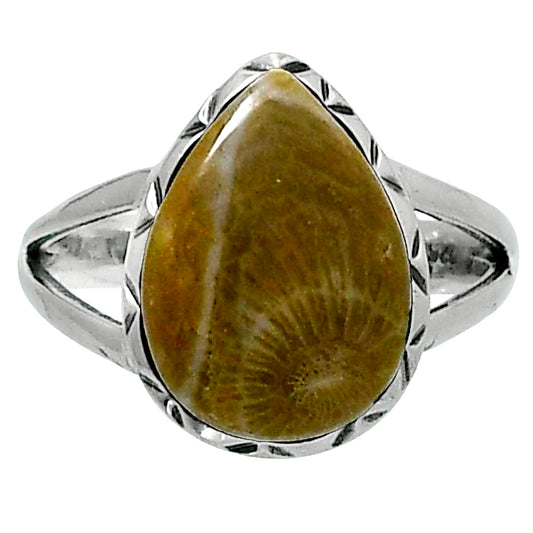 Premium Quality Flower Fossil Coral Ring size-7 R-1074 52-ER14236
