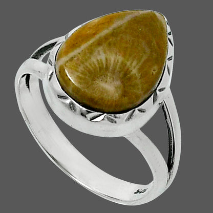 Premium Quality Flower Fossil Coral Ring size-7 R-1074 52-ER14236
