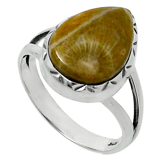 Premium Quality Flower Fossil Coral Ring size-7 R-1074 52-ER14236