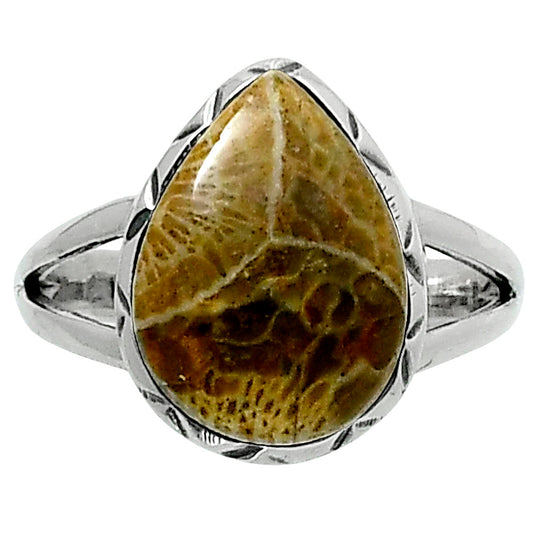 Premium Quality Flower Fossil Coral Ring size-7 R-1074 52-ER14238