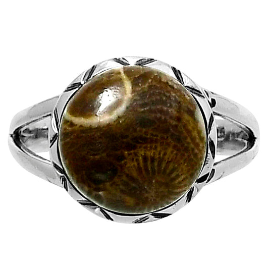 Premium Quality Flower Fossil Coral Ring size-7 R-1074 52-ER14240