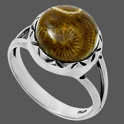 Premium Quality Flower Fossil Coral Ring size-7 R-1074 52-ER14240