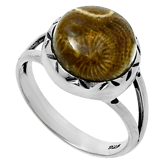 Premium Quality Flower Fossil Coral Ring size-7 R-1074 52-ER14240