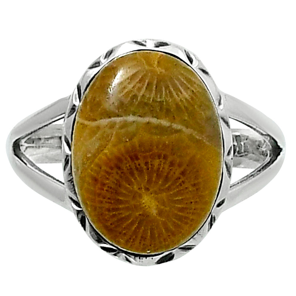 Premium Quality Flower Fossil Coral Ring size-7 R-1074 52-ER14241