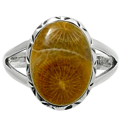 Premium Quality Flower Fossil Coral Ring size-7 R-1074 52-ER14241