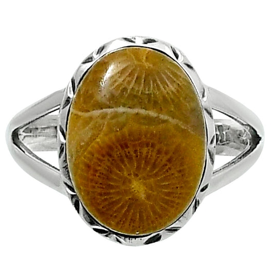 Premium Quality Flower Fossil Coral Ring size-7 R-1074 52-ER14241
