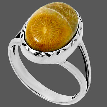 Premium Quality Flower Fossil Coral Ring size-7 R-1074 52-ER14241