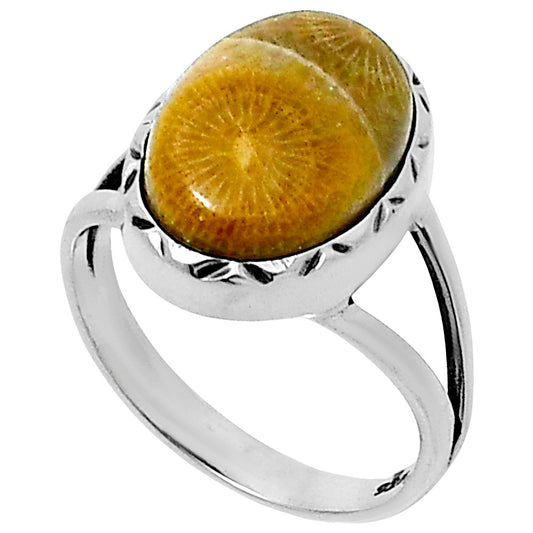 Premium Quality Flower Fossil Coral Ring size-7 R-1074 52-ER14241