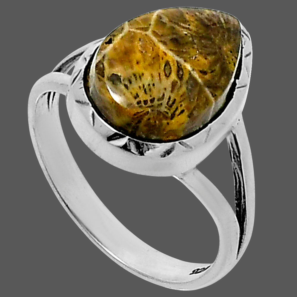 Premium Quality Flower Fossil Coral Ring size-8 R-1074 52-ER14244