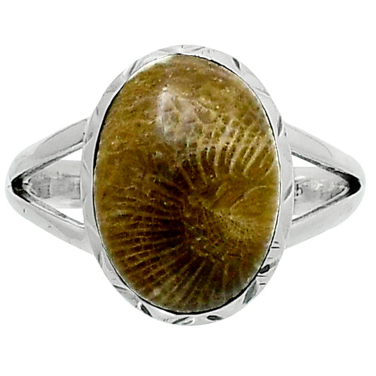 Premium Quality Flower Fossil Coral Ring size-8 R-1074 52-ER14248