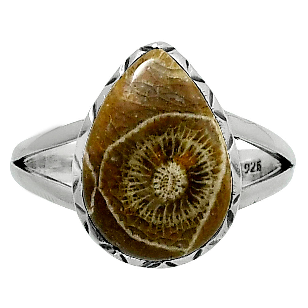 Premium Quality Flower Fossil Coral Ring size-8 R-1074 52-ER14250