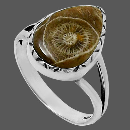 Premium Quality Flower Fossil Coral Ring size-8 R-1074 52-ER14250