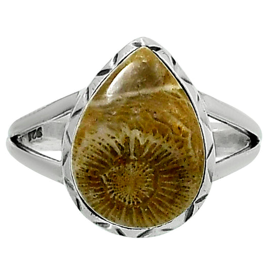 Premium Quality Flower Fossil Coral Ring size-8 R-1074 52-ER14252