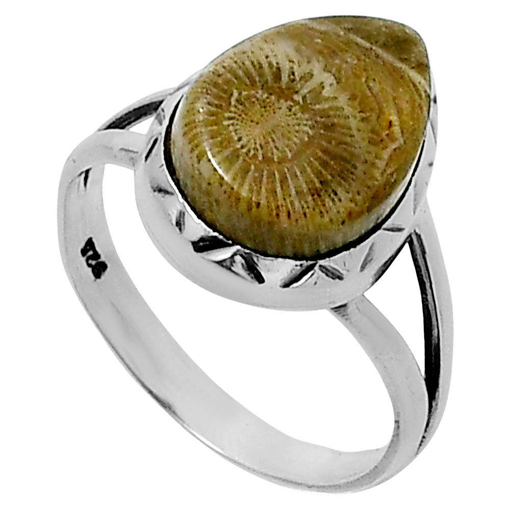 Premium Quality Flower Fossil Coral Ring size-8 R-1074 52-ER14252