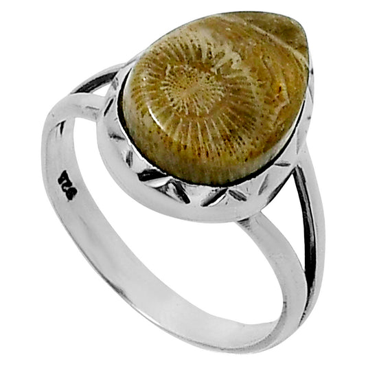 Premium Quality Flower Fossil Coral Ring size-8 R-1074 52-ER14252
