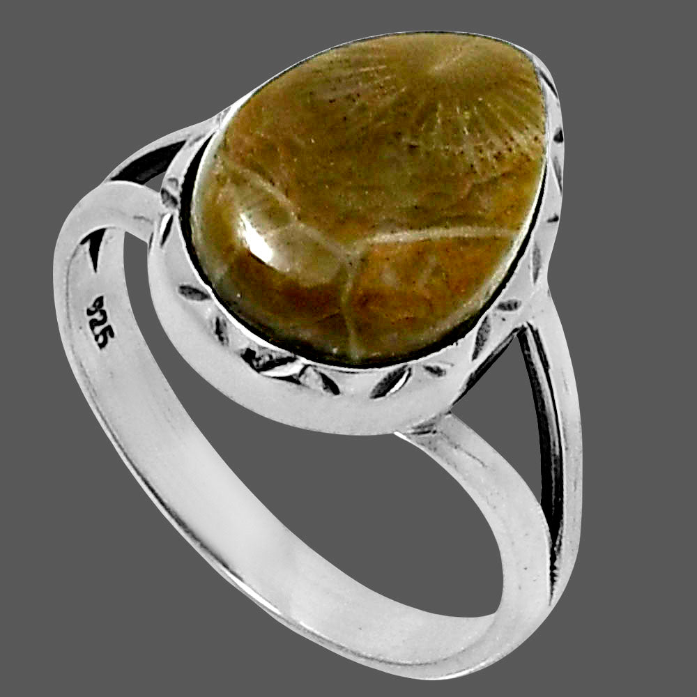 Premium Quality Flower Fossil Coral Ring size-8 R-1074 52-ER14254